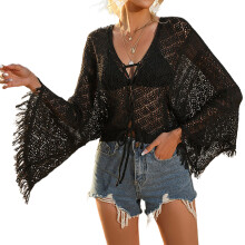 Women Swimsuit Cover Up Pagoda Sleeve Beach Cardigans Swim Cover Up Black S