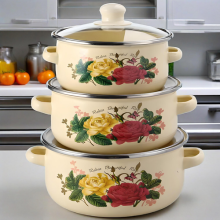 New Enamel Cookware Set 3pc Retro Floral Stockpots Saucepans with Lids