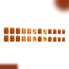 Pumpkin Maple Leaf Press On Nail With Plaids Pattern,for Women Holiday Party