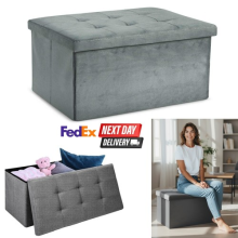 Grey VELVET Ottoman Storage box Bench Folding Unit for Linen Shoes toy container