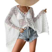 Women Open Front Swimsuit Cover Up Pagoda Sleeve Cardigans Beach Cover Up White M