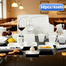Dinner Set Square Plates White Porcelain Cups Bowls Tableware 38PC Service for 6
