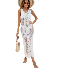 Beach Coverup Dress Side Slit Beach Dress Crochet Full Length Swim Coverup Dress White