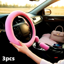 3Pcs-Set Car Steering Wheel Cover Soft Plush Pink Furry Fluffy car Accessory