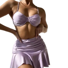 3PCS Women Bathing Suit Set with Beach Backless Cover Up Ruffled Dress Purple M
