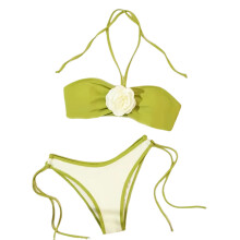 2Pcs Swimsuit Set with 3D Floral Vacation Contrast Color Halterneck Swimwear Green S