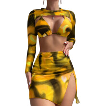 Women Bathing Suit Girls 4 Pieces Swimsuit Flower Print Halters Bikinis Yellow XL
