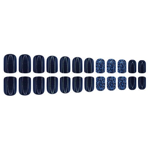 10Pcs Short Square Press On Nail Dark Blue Glossy Leopard Accent False Nail