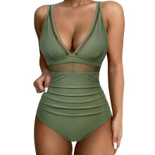 Women Full Coverage Swimwear 1 Piece Swimsuit Lady Mesh Bathing Suit Army green S