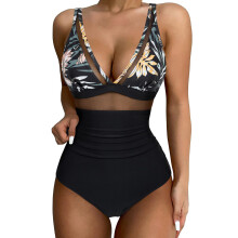 Women 1 Piece Bathing Suit Sexy V-neck Mesh Swimsuit Lady Full Coverage Yellow flower M