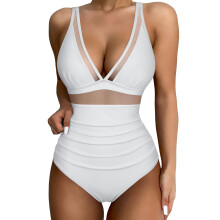 Women 1 Piece Bathing Suit Sexy V-neck Mesh Swimsuit Lady Full Coverage Swimwear White S