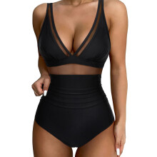 Women 1 Piece Swimsuit Summer Full Coverage Bathing Suit Ladies Mesh Swimwear Black L
