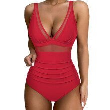 Womens Mesh Swimwear Fashion Slimming Bathing Suit Lady 1 Piece V-neck Swimsuit Red M