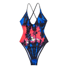Women 1 Piece Swimsuit Lady Tummy Control Bathing Suit Tie Dye Backless Swimwear Blue S