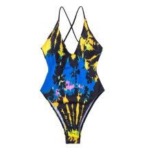 Tummy Control Bathing Suit for Women High Cut Backless Swimwear Tie Dye Swimsuit Yellow M
