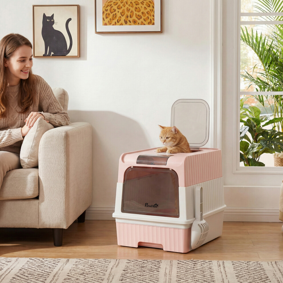 Pawhut Cat Litter Box, Enclosed Cat Litter Box W/ Lid, Pull-Out Drawer Tray