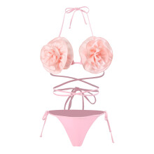 Women High Cut Swimsuits Thong Set Lacing up Swimwears Bathing Suit Beachwears Pink XL