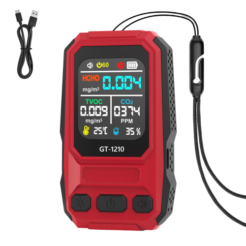 Handheld HCHO TVOC Screen Reader with ABS Body and Lanyard Support Red