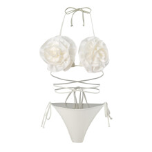 Women Solid Lacing up Swimwears Mini Swimsuit Sexy Chest Gathered Swimming Suit Milky XL