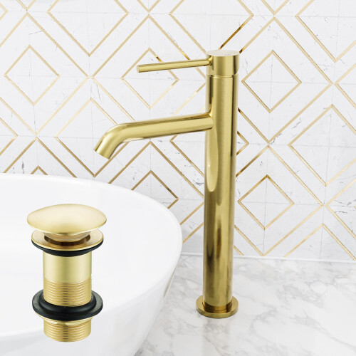 NES Home Brushed Brass Tall Basin Mixer Tap with Unslotted Waste