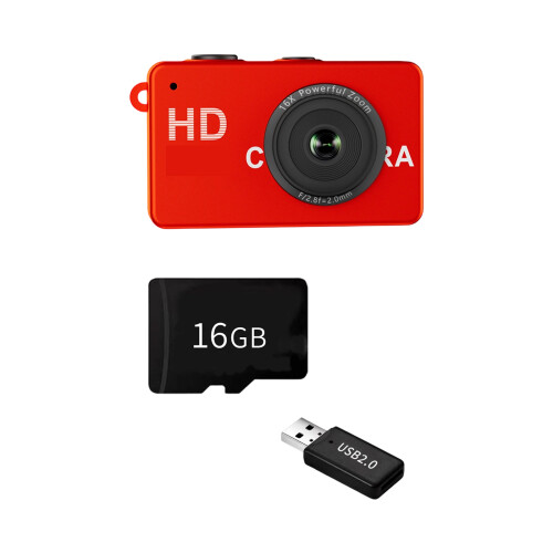Portable Mini Camera Small Digital Camera with Front Lens, Simple Red 16G memory card set