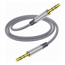 Kabel Aux audio 3.5 mm w oplocie nylonowym 2 m, męski do męskiego szary