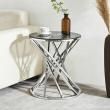 (SILVER) 50cm Round Glass Coffee Table, Tempered Top, Stainless Steel Frame