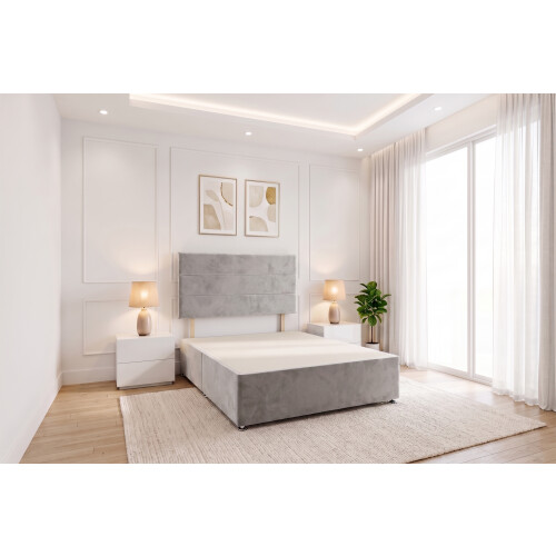 (Single, Silver) York Plush Divan Bed Frame No Drawers with Upholstered Headboard
