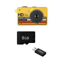Portable Mini Camera Small Digital Camera with Front Lens, Yellow 8G memory card set