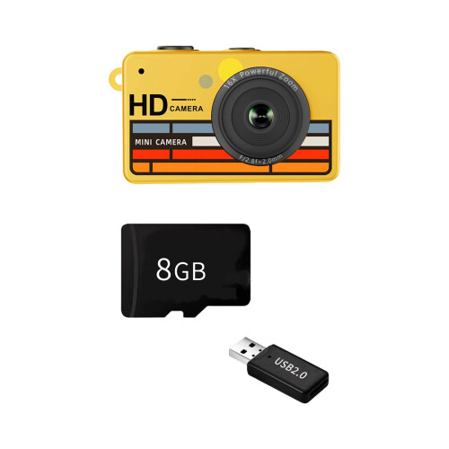 Portable Mini Camera Small Digital Camera with Front Lens, Yellow 8G memory card set