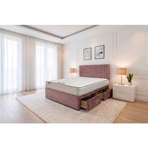 (Small Single, Pink) Emily Plush Bed Set With Mattress, 2 Drawers Same Side & 24"Headboard