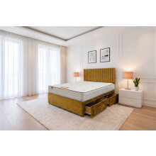 (Small Single, Mustard) Emily Plush Bed Set With Mattress, 2 Drawers Same Side & 24"Headboard
