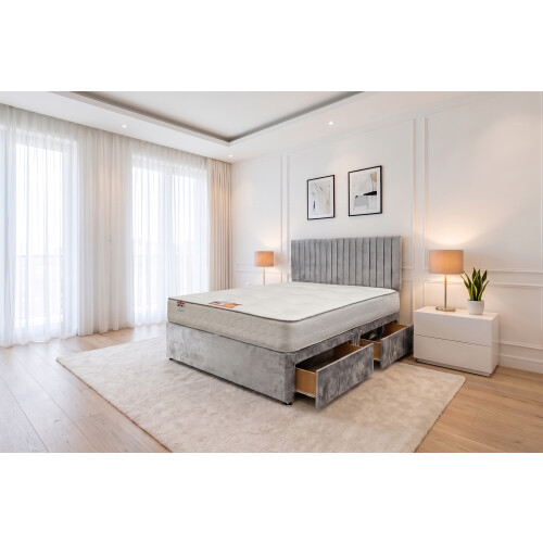 (Small Single, Silver) Emily Plush Bed Set With Mattress, 2 Drawers Same Side & 24"Headboard