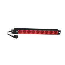 ALLNET 19"zbh. Steckdosenleiste, 9xDosen(CEE7)->Kaltgeräte(Stecker,C14), mit 10A Überlastungsschutz, Schwarz/Rot, Synergy 21,