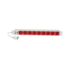 ALLNET 19"zbh. Steckdosenleiste, 9xDosen(CEE7)->Kaltgeräte(Stecker,C14), mit 10A Überlastungsschutz, Lichtgrau/Rot, Synergy 21,