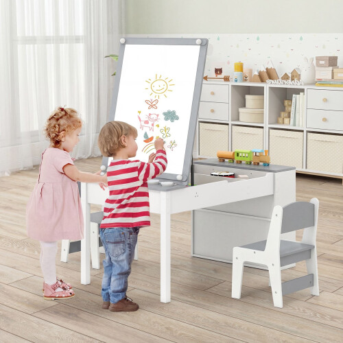 Conjunto de mesa e cavalete de arte infantil, 2 cadeiras, com espaço para armazenamento.