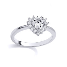 (L) Jewelco London Rhodium Plated Sterling Silver Heart CZ Fiery Love Heart Halo Cluster Engagement Ring - GSR1055