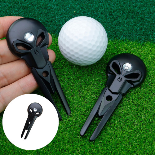 Compact Metal Golf Divot Fork with Skull Design for Grass Care Black 2