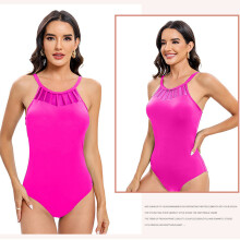 Women Solid Color Swimwears 1 Piece Mesh Swimsuit Tummys Control Bathing Suit Navy blue XL