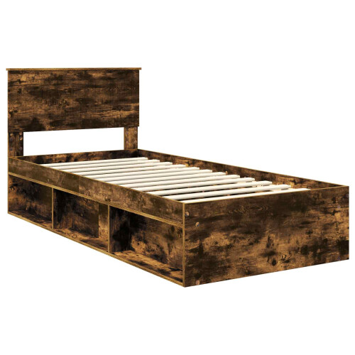 VidaXL vidaXL Bed Frame with Headboard Smoked Oak 90 x 200 cm Solid Pine Wood 2