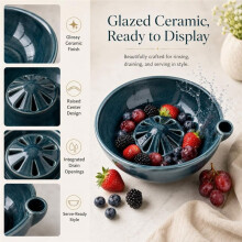 Self- Berry Washing Bowl,Glazed Ceramic Berry Bowl with Raised Center and Drainage Holes,Fruit Rinse Colander