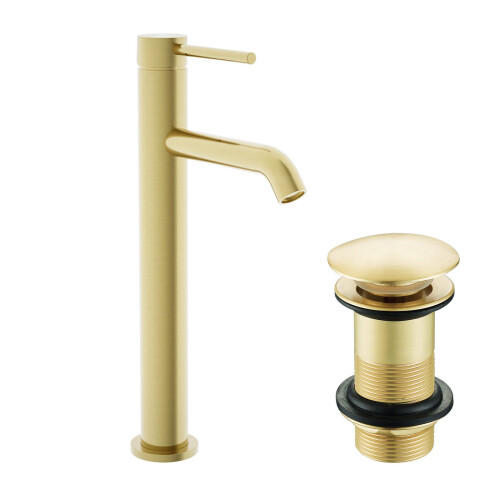 NES Home Brushed Brass Tall Basin Mixer Tap with Unslotted Waste 2