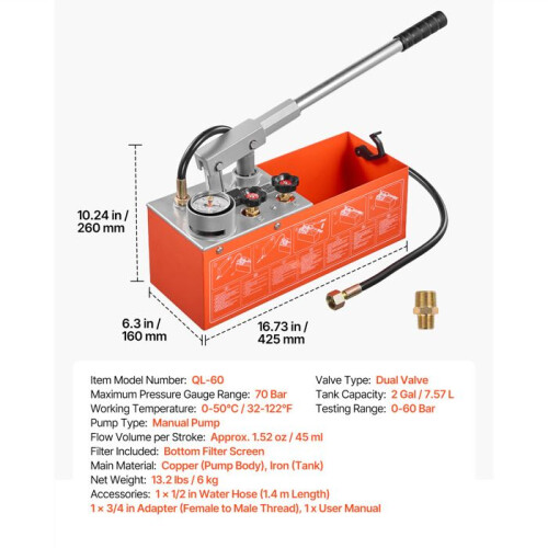 Bomba de teste manual - DUOKU - QL-60 - 7,57 L - Válvula dupla - 0-60 bar 1
