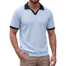 Heren V-Hals Shirt Korte Mouw Textuur Casual Zomer voor Shirts Lichtblauw S