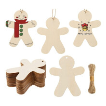 50PCS Unfinished Wood Gingerbread Ornaments Cutouts Blank Wood Gingerbread Men Hanging Decor with Twine