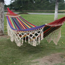(Red) Bohemian Style Double Hammock with Tassels Canvas Fabric Thickened Ropes & Carrying Bag Max Weight Capacity for Outdoor Garden