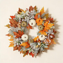 (40cm 15.7in) Artificial Fall Wreath for Front Door with Pumpkins Oeange Maple Leaves Autumn Wreath Thanksgiving Harvest Festival Wall Porch