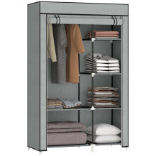 Armoire en tissu gris clair avec 6 étagères et tringle à vêtements