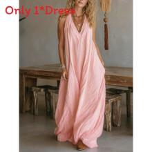 (Pink, M) Street Sleeveless Style Maxi Dress In Pure Color Cotton Mix Women Fabric For