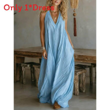 (Sky Blue, S) Style Sleeveless Street Maxi Dress In Pure Color Cotton Mix Women For Fabric
